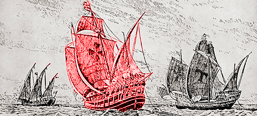 Santa Maria ship highlighted in red with B&W La Pinta and La Niña